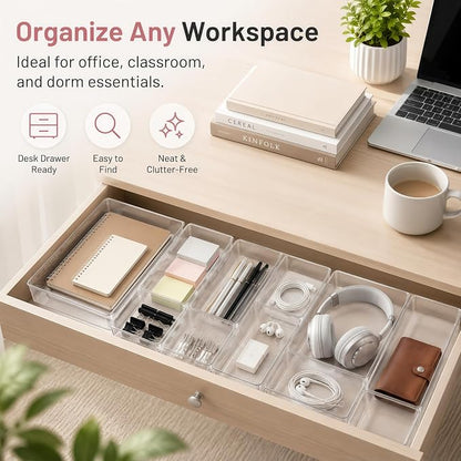 8 Pack Large Clear Plastic Drawer Organizer Bins - Acrylic Bathroom Drawer Organizer Trays - Heavy Duty Kitchen Drawer Dividers for Utensils - Non-Slip Storage Bins for Makeup, Bedroom, Office Desk