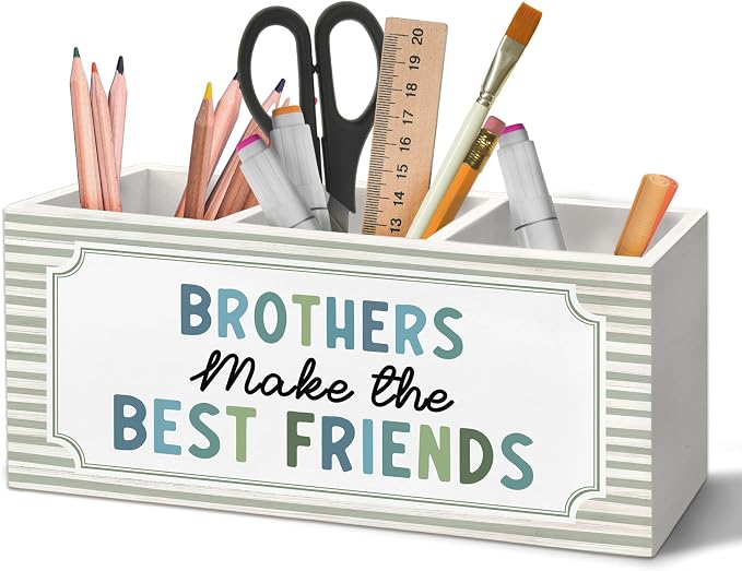 Boy Nursery Decor Kids Pen Holder Organizer for Desk Accessories, Brothers Make the Best Friends Neutral Striped Wooden Box Sign Desk Decorations for Kids Boys Room Bedroom Playroom Decor