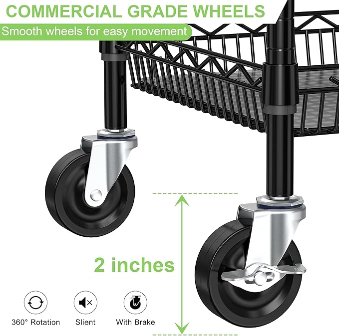 Rolling Utility Metal Carts with Wheels 3 Tier Heavy Duty Storage Cart 750Lbs Capacity Adjustable Kitchen Organizer Cart with Handle & Shelf Liner Commercial Grade Trolley for Indoor & Outdoor Use