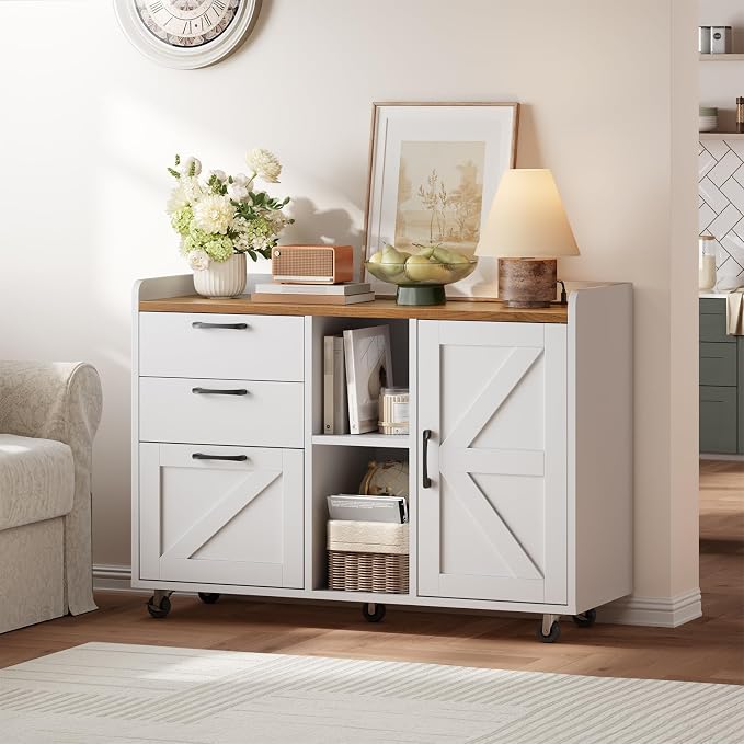 HOOBRO Lateral File Cabinet with Charging Station, Wooden Office Storage Cabinet with 3 Drawers and Door,Farmhouse Filing Cabinet Printer Stand for Home Office, Fits A4, Letter Size, White WH35UWJ01
