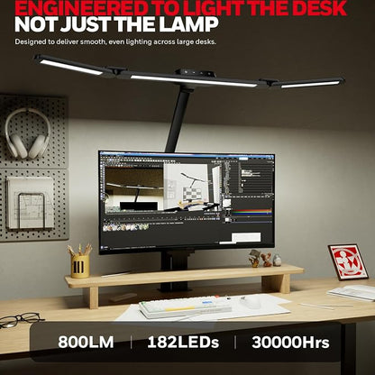 Honeywell Wide Desk Lamp with Clamp for Dual Monitors, 22W Full-Spectrum Eye-Caring LED Desk Lamp for Home Office, 3-Section Adjustable Architect Light for Large Desk, Stepless Dimming, 3000K-5700K