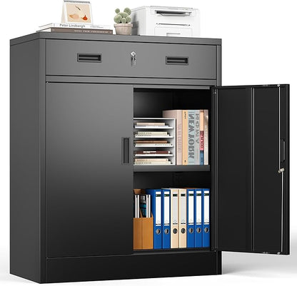 36" H Metal Cabinet, Garage Storage Cabinet, Locking Storage Cabinet, Metal Cabinets with Doors and Shelves for Home, School, Office, Garage, Black