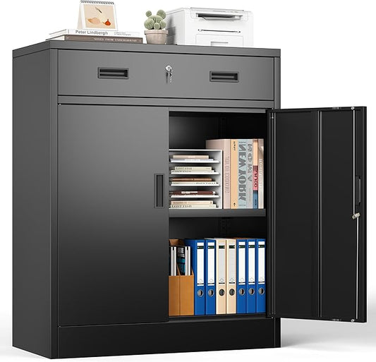 36" H Metal Cabinet, Garage Storage Cabinet, Locking Storage Cabinet, Metal Cabinets with Doors and Shelves for Home, School, Office, Garage, Black