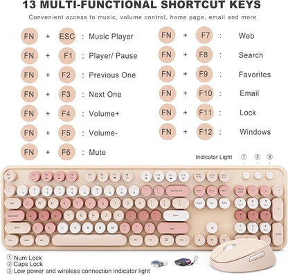 Wireless Keyboard and Mouse Combo, Ergonomic Full Size Typewriter Retro Round Keycaps Keyboard, Compatible with Windows, PC, Perfer for Home and Office Keyboards (Chocolate Color)