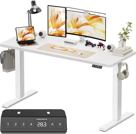 WALKINGDESK 55x24 Inches Height Adjustable Electric Standing Desk with 2 Hooks for Home Office, Ergonomic Sit Stand up Desk with Splice Board, White