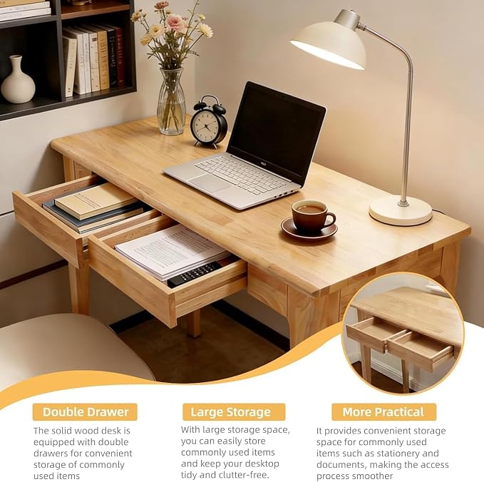 Solid Wooden Desk with Drawers, Small Writing Desk with Drawers for Computer, PC Desk for Work, Study or Gaming, Easy to Assemble