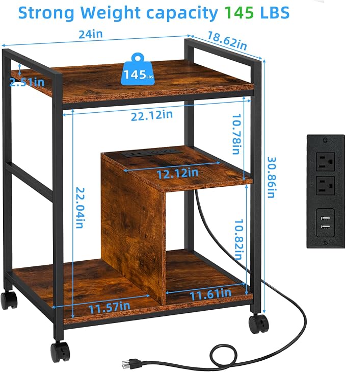 Lerliuo Printer Stand with Charging Station and USB Ports, Large 3-Tier Mobile Printer Table with Storage Shelf, Brown Rolling Industrial Printer Cart with Lockable Wheels for Home Office