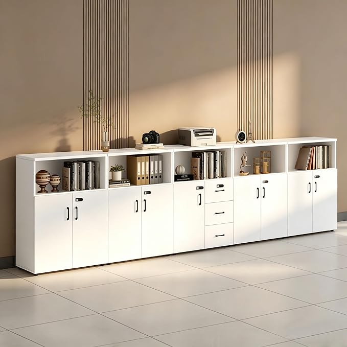 File Cabinet with Password Lock, Wood Lateral Filing Cabinet for Letter/A4 Files, 3 Drawer with Door, Printer Stand with Open Shelves for Home Office