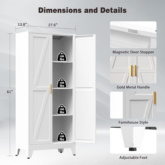 61" Tall Metal Pantry Cabinet, Kitchen Storage Cabinet with 2 Doors and 3 Adjustable Shelves for Kitchen, Living Room, Dining Room, Bathroom and Home, Office (White, 1PC)