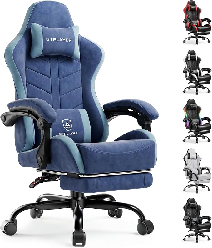 GTPLAYER Gaming Chair with Footrest, Computer Gaming Chair for Adults, Height Adjustable Gamer Chair with 90-155° Recline & Removable Headrest Lumbar Support,Performance Fabric Blue