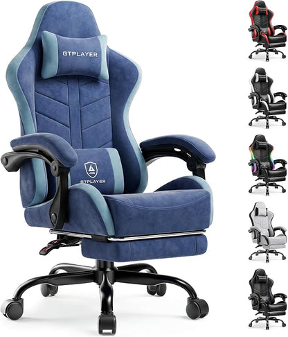 GTPLAYER Gaming Chair with Footrest, Computer Gaming Chair for Adults, Height Adjustable Gamer Chair with 90-155° Recline & Removable Headrest Lumbar Support,Performance Fabric Blue