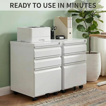 3 Drawer Metal File Cabinet with Lock, Fully Assembled Mobile Filing Cabinet on Wheels, Under Desk Office Storage Organizer for Letter/Legal/A4 Files, White