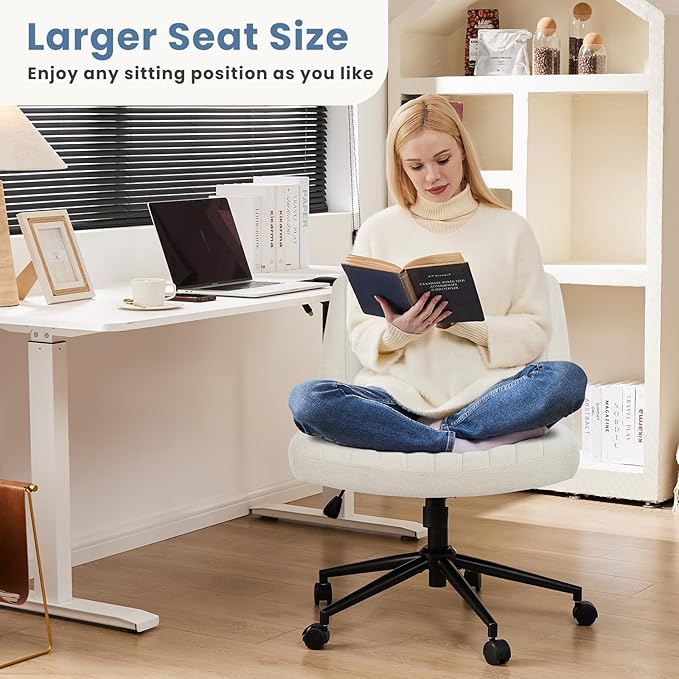 DUMOS Criss Cross Chair with Wheels, Wide Cross Legged Office Desk Vanity Chairs, Armless Height Adjustable Swivel Chairs for Home Computer Task, Fabric, Beige Wheel