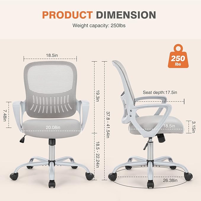 Sweetcrispy Ergonomic Mid-Back Mesh Home Office Desk Chair with Wheels, Managerial Executive Chair with Lumbar Support, and Comfortable Armrests for Home, Bedroom, Study, Office, Grey