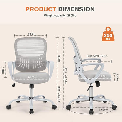 Sweetcrispy Ergonomic Mid-Back Mesh Home Office Desk Chair with Wheels, Managerial Executive Chair with Lumbar Support, and Comfortable Armrests for Home, Bedroom, Study, Office, Grey