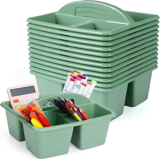 Geetery 12 Pack Eucalyptus Green Plastic Portable Storage Caddy, Sturdy 3 Compartment Table Organizer Caddy with Handle for Home Office Bathroom Countertop Vanity Desk Utility Supplies Storage