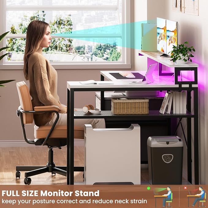 Aheaplus L Shaped Desk with File Drawer, Reversible L Shaped Computer Desk Gaming Desk with Power Outlet & LED Strip, Home Office Desk with Monitor Shelf, Corner Desk with Storage Shelves, White Oak