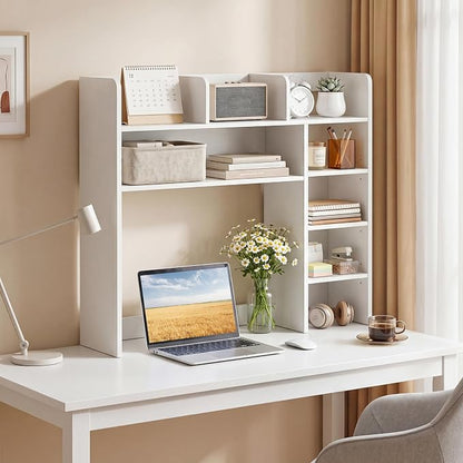 LDAILY Desktop Bookshelf with LED Lights, 35.5’’ Wooden Desk Shelf with 8 Cubes & 3 Adjustable Storage Shelves, 5-Tier Desk Hutch for Dorm College Office Computer Monitor Up to 25’’(White)