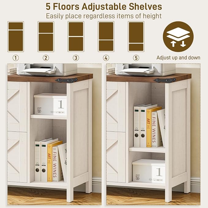 Halitaa 2 Drawer File Cabinet, Farmhouse Lateral Filing Cabinet Fits File Letter or A4 Size, Wooden Printer Stand with Open Storage Adjustable Shelf for Home Office, Rustic White
