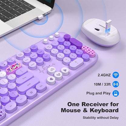 Dilter Wireless Keyboard and Mouse Combo, Full Size Retro Keyboard with Number Pad and 2 in 1 USB Connected Mouse for Windows 7/8/10, Laptop, Desktop, PC, Computer (Purple Colorful)