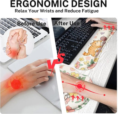 Britimes Cute Floral Cat Keyboard Mouse Pad Set Butterfly Cottagecore 4in1 Large Mousepad+Keyboard Wrist Rest+Mouse Wrist Rest+Coaster Ergonomic Design for Home Office Computer 35.4x15.7 inches