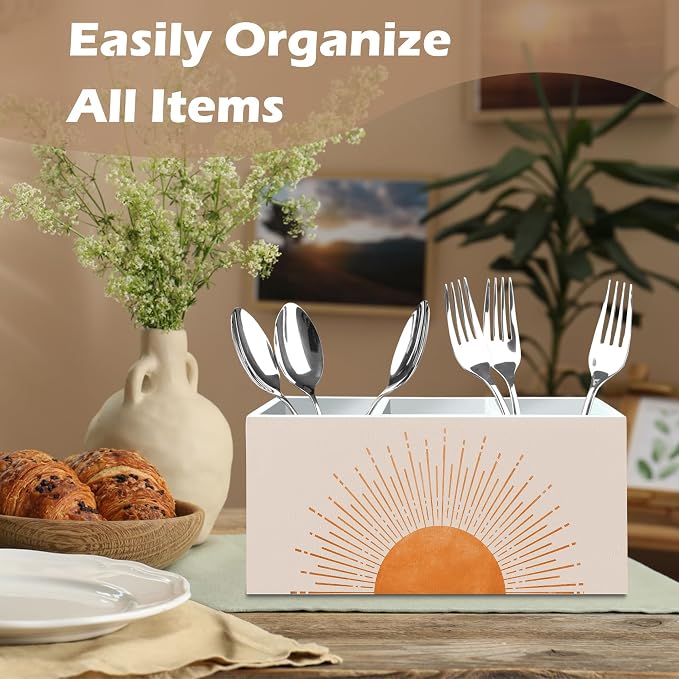 DILSJ Boho Abstract Sunshine Pen Pencil Holder Organizer for Desk, Boho Office Decor, Mid Century Modern Minimalist Sun Sunset Sunshine Wooden Box Signs for Home Office Desk Tabletop Decoration