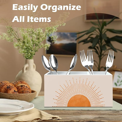 DILSJ Boho Abstract Sunshine Pen Pencil Holder Organizer for Desk, Boho Office Decor, Mid Century Modern Minimalist Sun Sunset Sunshine Wooden Box Signs for Home Office Desk Tabletop Decoration