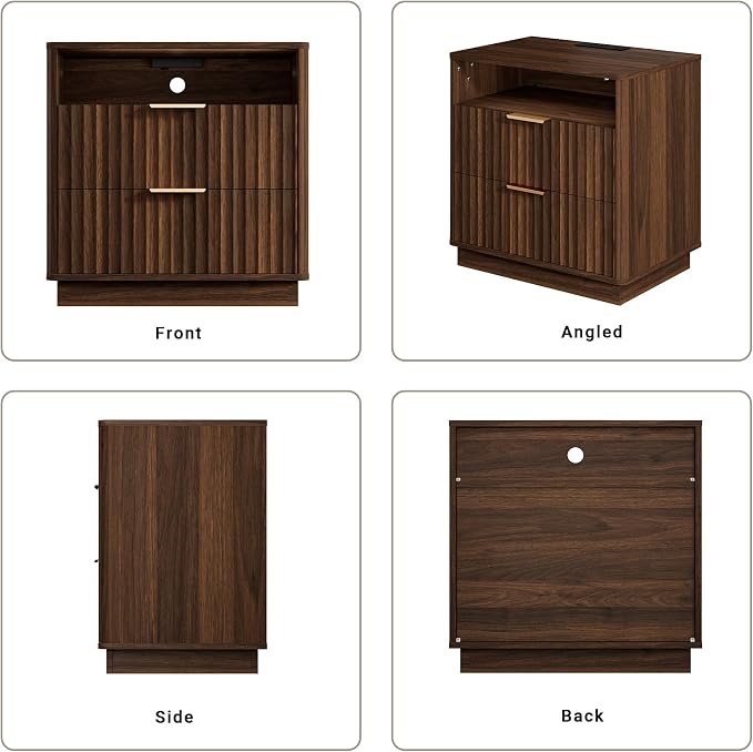 Fluted Nightstand, Night Stand Set 2, 23" Wide Walnut Nightstands Set of 2 with Charging Station, 2 Drawers Wooden End Table w/Storage, Large Modern Bedside Table for Bedroom,Curved Corners