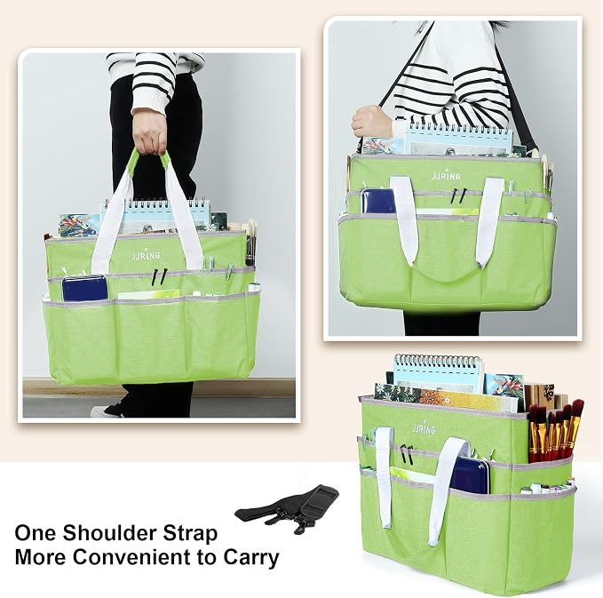 JJRING Craft Organizer Tote Bag, Large Art Storage Caddy with Multiple Pockets, Cyan Sewing Bag for Art, Craft, Scrapbooking, School, Medical, and Office Supplies Storage
