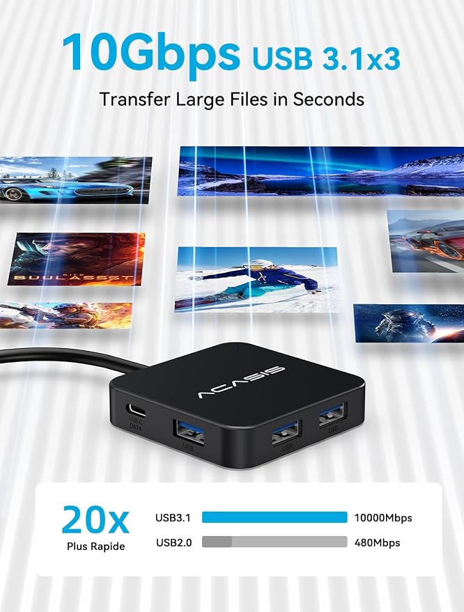 USB C Hub Long Cable 4FT 10Gbps, Multiport Adapter with 4K 60Hz HDMI, 100W Power Delivery, 3 USB A3.1+1 USB-C 3.1 Data Port, USB c to HDMI Adapter for MacBook, Dell, Lenovo, Surface, iPad PRO