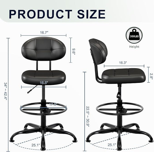 Misolant Armless Drafting Chair, Tall Office Chair no Wheels with Footrest Ring for Standing Desk, Small Faux Leather Executive Chair with Adjustable Height for Bar Counter Desk Black
