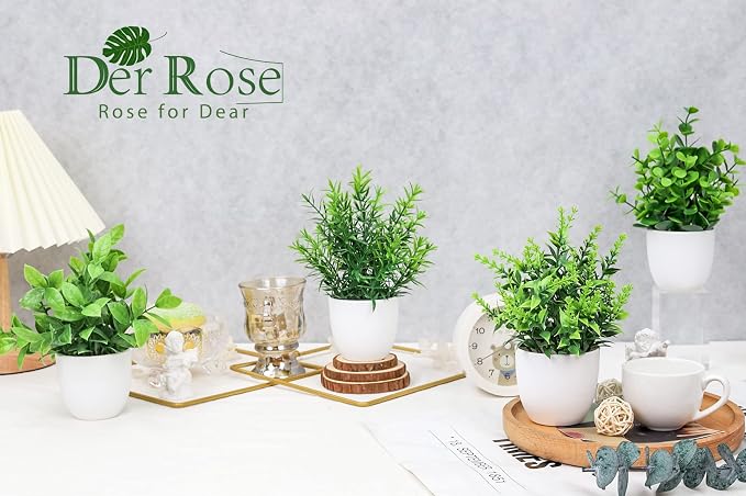 Der Rose 4 Pack Faux Plants Indoor Small Fake Plants for Bathroom Decor | Fluffy Pretty look for shelves desktops windowsills offices decor, fade-resistant and safe for pets (no soil or pollen)