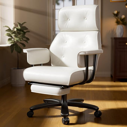 SeekFancy Reclining Criss Cross Office Chair with Wheels & Arms, White | Button-tufted PU leather; retractable footrest; 400 lbs capacity; 10% thickened wide cushion; retro executive design.