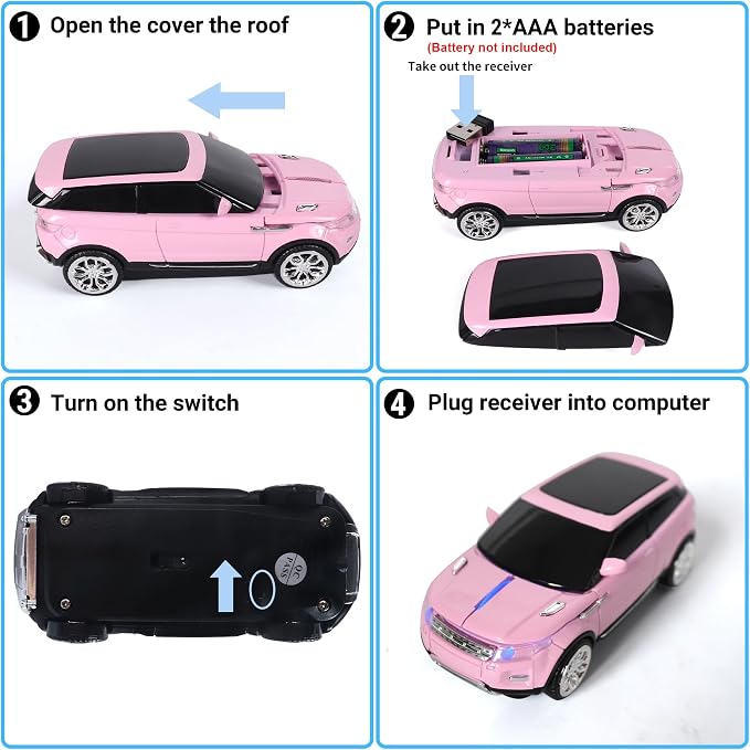 Car Mouse Mini Small Cool SUV Car Shaped Wireless Mouse Portable 2.4GHz Optical Cordless Mice with USB Receiver 3 Buttons for Office School Travel for Laptop PC Desktop Computer Gift (Pink-1 Pack)