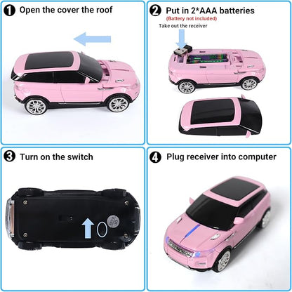 Car Mouse Mini Small Cool SUV Car Shaped Wireless Mouse Portable 2.4GHz Optical Cordless Mice with USB Receiver 3 Buttons for Office School Travel for Laptop PC Desktop Computer Gift (Pink-1 Pack)