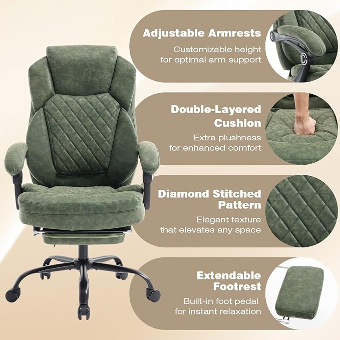 400lbs Reclining Office Desk Chair with Footrest, Mid-Century Modern Plus Size Green Leather Recliner Office Chairs
