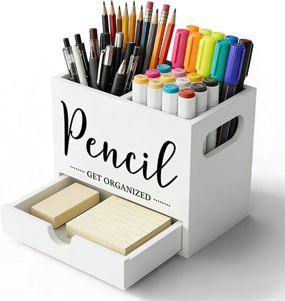 Pen Holder for Desk, Wood Pencil Organizer with Drawer, 2 Slots Dual-Purpose Desk Organizers Marker Holder Art Supplies for Home, Office(White)