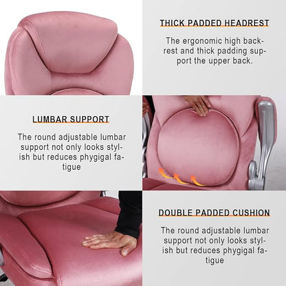 Lumbar Support Executive Office Chair, Ergonomic Velvet Desk Chair, High Back Office Chairs with Wheels Flip up Armrs, Back Support Home Computer Chairs for Women, 90°-120° Rocking (Pink)