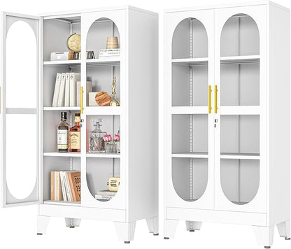 PAOFIN 61" H Locking Display Cabinet with Glass Door, Metal Cabinets with 3 Adjustable Shelves, Cabinet Display Case for Living Room, Collectibles, Clinic, Home - Assembly Required White
