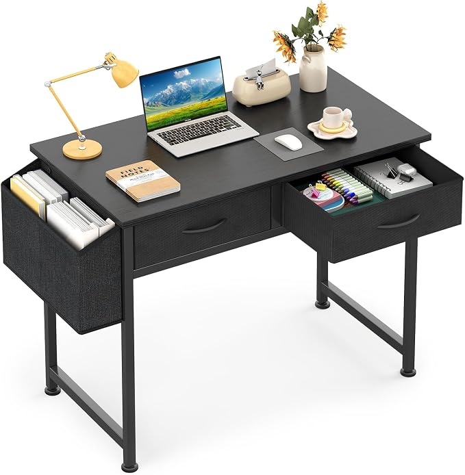 CAIYUN Computer Office Desk for Small Space with Fabric Drawers, Home Office Desk for Bedroom with Side Pocket and Hook, 31 Inch Kid’s Desk, Writing Desk, Study Table and Work Desk, Black