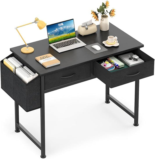 CAIYUN Computer Office Desk for Small Space with Fabric Drawers, Home Office Desk for Bedroom with Side Pocket and Hook, 31 Inch Kid’s Desk, Writing Desk, Study Table and Work Desk, Black