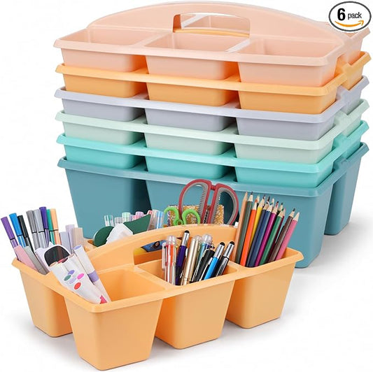 6 Pack Assorted Colors 6 Compartment Classroom Caddy with Handle Portable Plastic Storage Classroom Caddies Organizer for Classrooms Supply Teacher Office Table Desk(Boho)