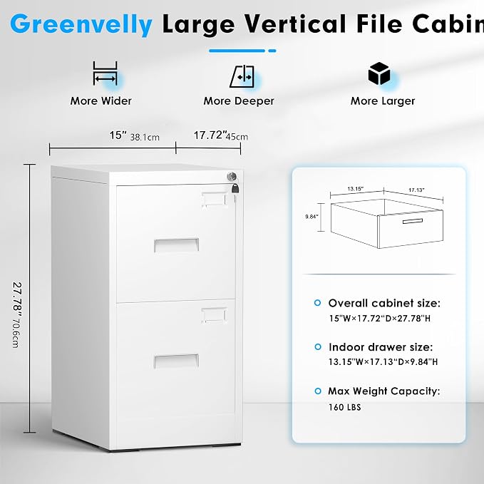 Pataku 2 Drawer File Cabinet with Lock, Sturdy Metal Vertical Filing Cabinets for Home Office, Under Desk Paperwork Storage Fully Extendable Slides Letter Legal A4 Size 18x15x28 Inches, White