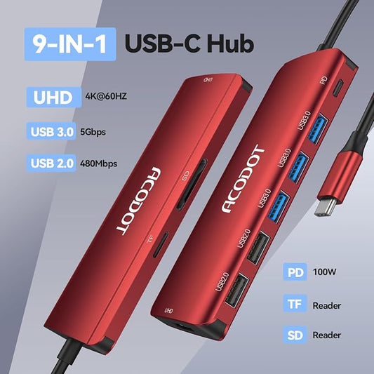 USB C Hub, 9-in-1 Multi-Port USB Adapter, 4K@60Hz HDMI, 100W Max PD, 3 USB3.0(5Gbps) + 2 USB2.0 Data Ports, SD/TF Card Reader for MacBook, iPad Pro, Dell, HP, Lenovo, Windows Laptop, Red