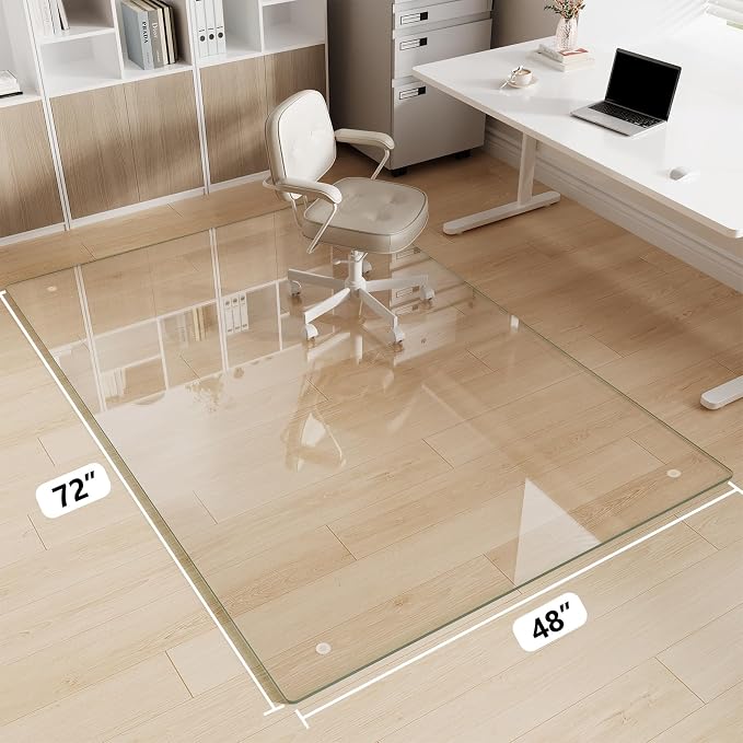 Glass Chair Mat 48" x 72" Heavy Duty Tempered Glass Office Chair Mat, Glass Floor Mat with Round Corner and Polished Edge for Smooth Glide, Office Chair Mat for Carpet, Hardwood Floor