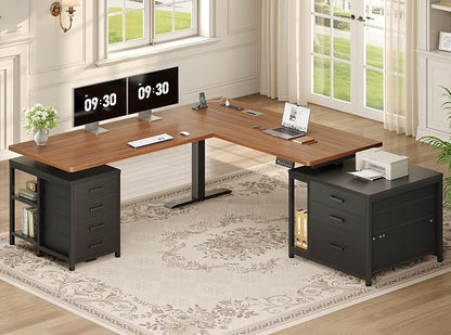SEDETA L Shaped Electric Standing Desk with 7 Drawers, 63"×55.1" Height Adjustable Stand Up Desk with Power Outlets, 28.3"-47.2" Sit Stand Desk with Storage Shelves, 3 Memory Presets, Black + Brown