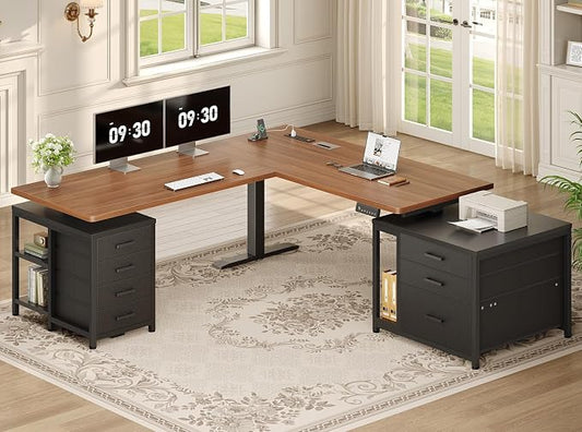 SEDETA L Shaped Electric Standing Desk with 7 Drawers, 63"×55.1" Height Adjustable Stand Up Desk with Power Outlets, 28.3"-47.2" Sit Stand Desk with Storage Shelves, 3 Memory Presets, Black + Brown