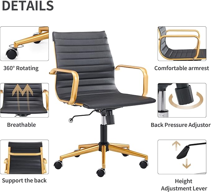 Black and Gold Office Chair with Arms, Faux Leather Ribbed Back, Adjustable Swivel Executive Chair for Home Office and Meeting Room