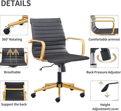 Black and Gold Office Chair with Arms, Faux Leather Ribbed Back, Adjustable Swivel Executive Chair for Home Office and Meeting Room