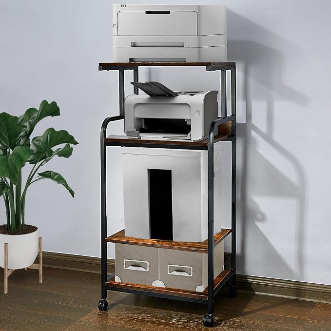 4-Tier Printer Stand with Adjustable Shelves and Wheels, Tall Printer Table with Storage for Home Office, Rolling Printer Cart for Small Spaces, Rustic Brown